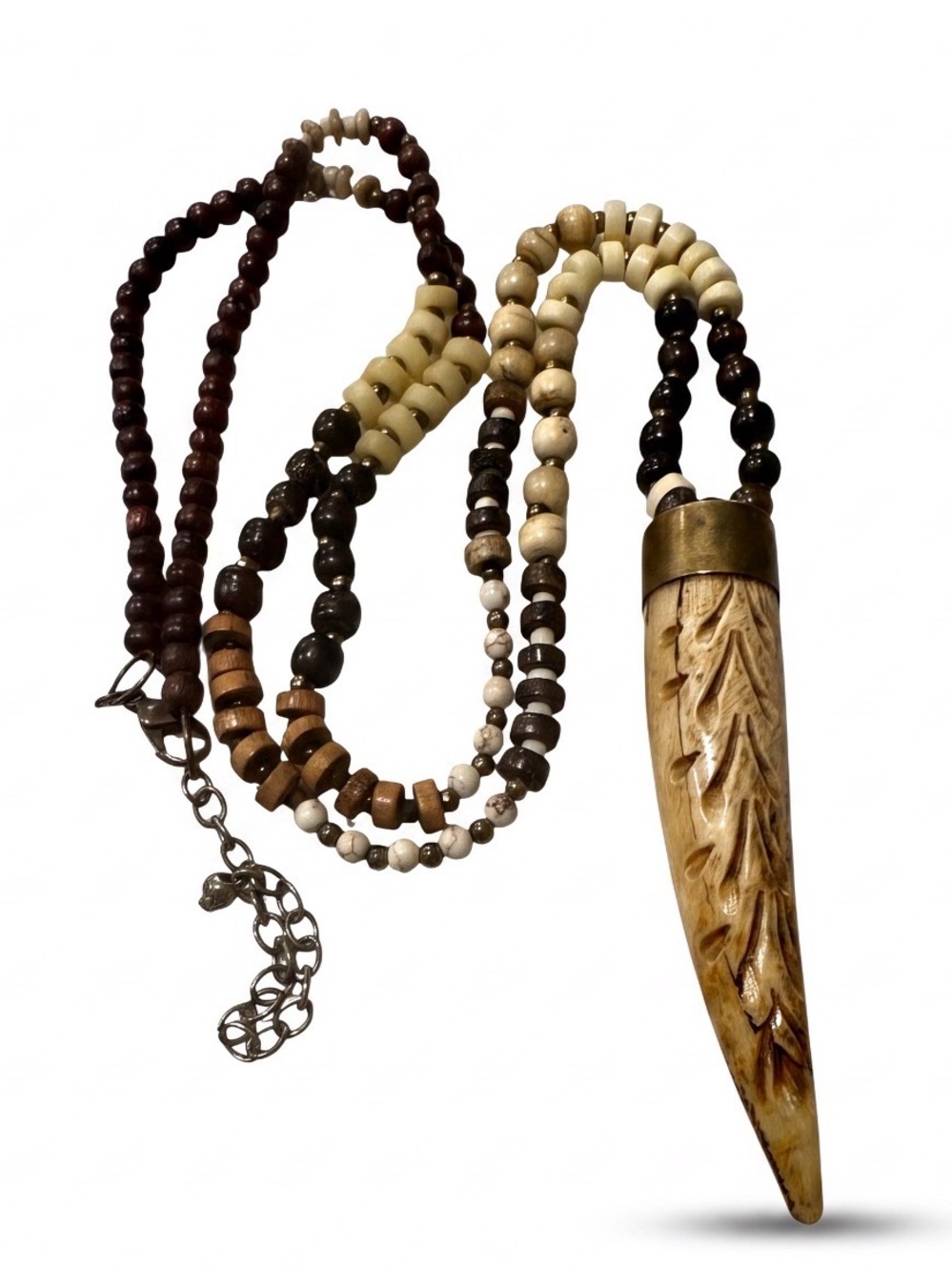 Hand- Carved Horn Pendant Beaded Necklace in Brown and Cream